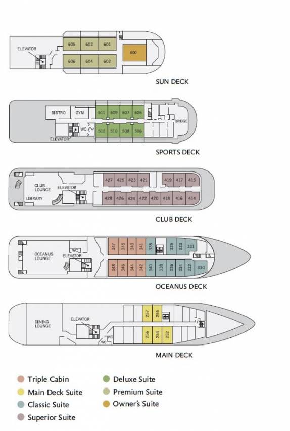 A planta do Sea Spirit e seus cinco andares. Nosso quarto era o 334, no Oceanus Deck, o mesmo do auditório e da recepção, por onde se entra no navio